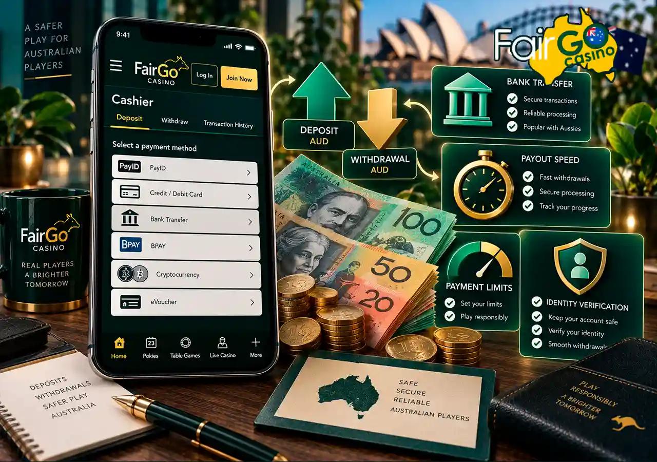 Fair Go Casino cashier on mobile with AUD deposits, withdrawals, limits and payout timer.